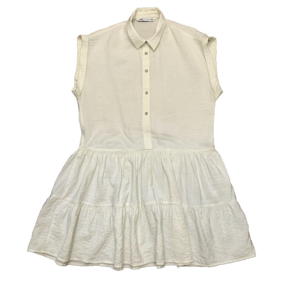 Zara Dress XS Ivory Mini Tiered Rhinestone Buttons Preppy Relaxed *button, spots